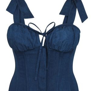 Tie-Strap Denim Corset Top - Vintage Bustier Style Milkmaid Bodice in Dark Wash