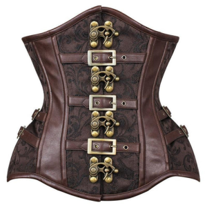 Brown steampunk underbust corset with floral brocade pattern, faux leather straps, and brass swing-arm clasp closures.