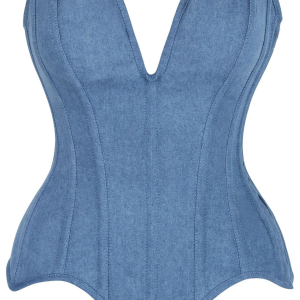 Denim Overbust Corset Top – Structured Strapless Bustier with Deep V-Neckline