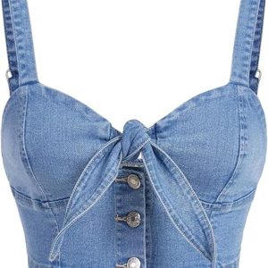 Women’s Denim Tie-Front Corset Top - Sweetheart Neckline Bustier Crop Top