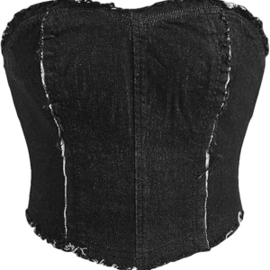 Women's Distressed Black Denim Corset Top – Strapless Raw Hem Bustier Crop Top