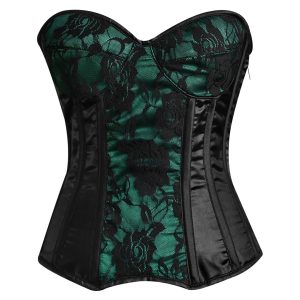 Emerald Green & Black Lace Overbust Corset – Vintage Gothic Floral Bustier with Satin Trim & Boning