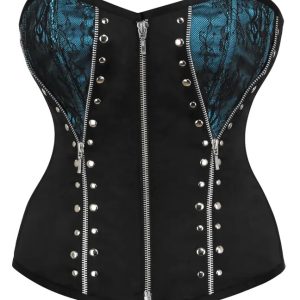 Women’s Gothic Steampunk Overbust Corset – Black & Teal Lace with Triple Zipper