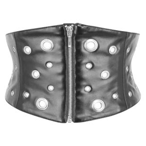 Faux Leather Grommet Corset Belt – Edgy Industrial Waist Cincher with Front Zipper