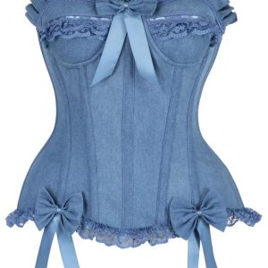 Denim Overbust Corset Top – Blue Jean Bustier with Lace Trim, Ruffle Detail, and Satin Bows