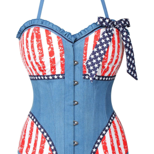 Retro Americana Denim Corset - Red White & Blue Star Print Halter Bustier Top