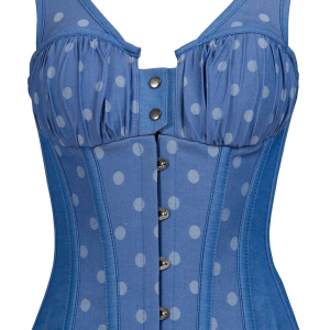 Blue Polka Dot Overbust Corset Top – Retro Denim-Style Bustier with Front Busk & Ruched Bust