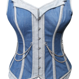 Vintage-Inspired Denim Corset Top with Chain Detail - Contrast Wash Bustier Vest