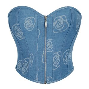 Y2K Vintage Style Denim Rose Print Corset - Strapless Zip-Up Jean Bodice Top