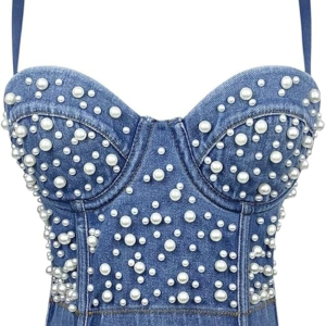 Pearl Embellished Denim Corset Top - Bustier Crop Top with Adjustable Straps