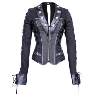 The Vixen Gothic Military Corset Jacket - Black Leather & Brocade