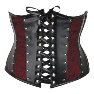 Red Floral Brocade & Black Faux Leather Underbust Corset