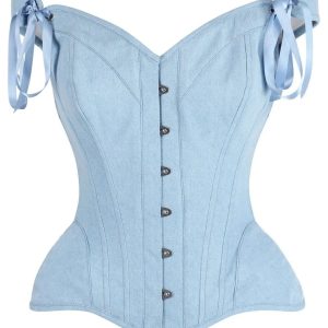 Denim Light Blue Shoulder Corset Top with Ribbon Tie Sleeves and Busk Front Closure
