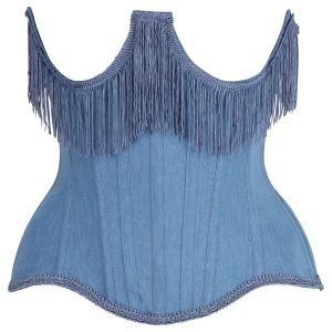 Blue Denim Fringe Corset Top – Western Style Waspie Underbust Waist Cincher