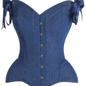 Overbust Denim Corset Top with Off-the-Shoulder Ribbon Sleeves – Steel Boned Victorian Style