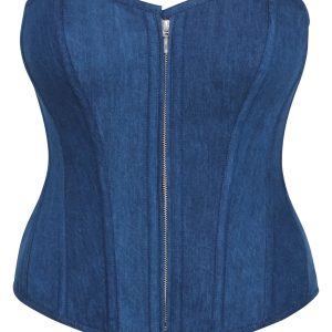 Dark Wash Denim Corset Top - Strapless Zip-Front Bustier - Streetwear Y2K Style