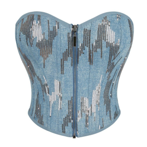 Y2K Inspired Denim Sequin Bustier Top – Front Zip Strapless Corset Body Shaper