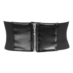 Women's Wide Elastic Waist Cinch Belt – Faux Leather Zipper Front Corset Belt for Dresses