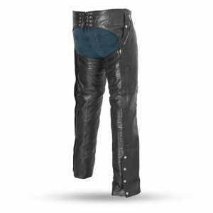 Men’s Black Leather Motorcycle Chaps - Genuine Cowhide with Adjustable Back Lace & Full Length Zippers