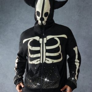 Men’s Full-Zip Skeleton Mask Hoodie – Rhinestone Ribcage Y2K Streetwear